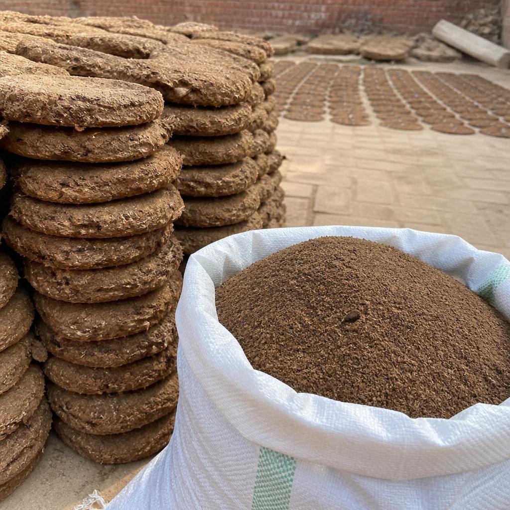 Dried Indian cow dung cakes and cow dung powder in a jute sack