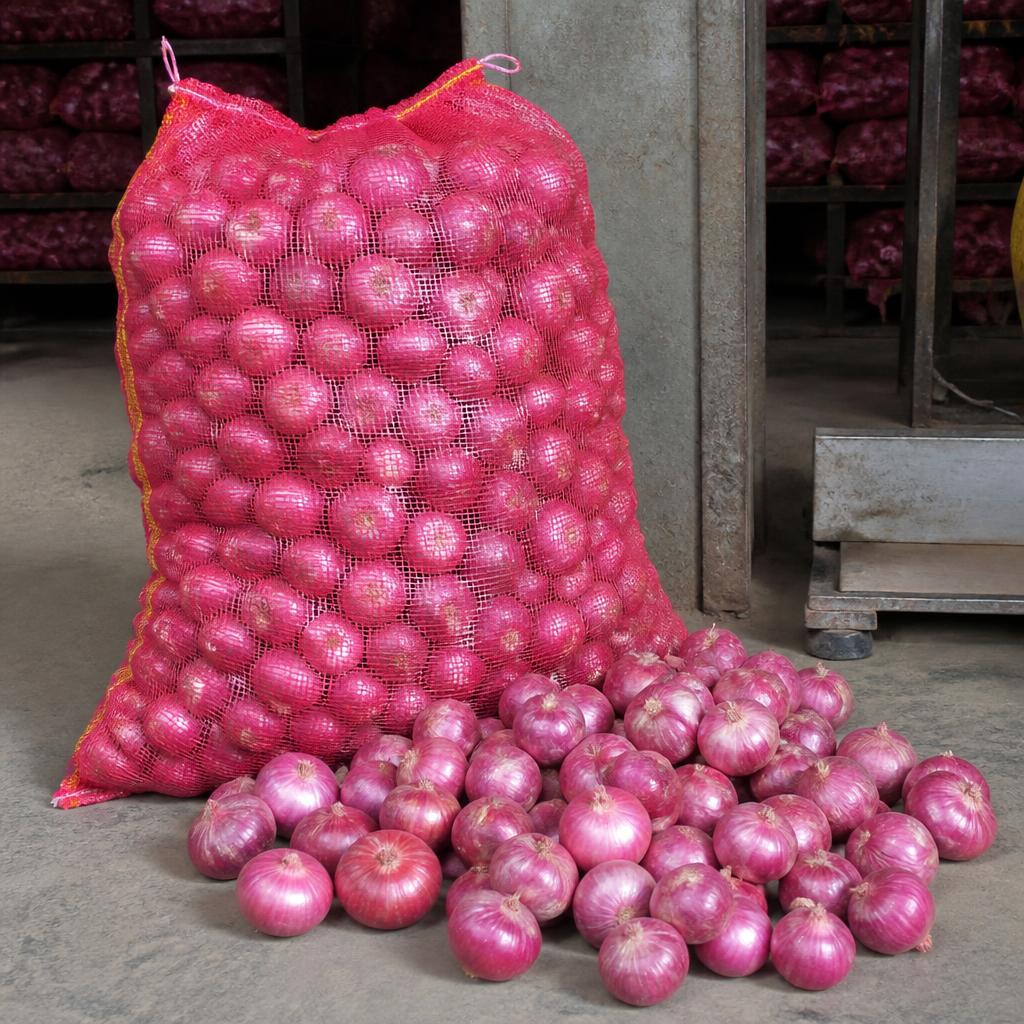 Fresh Indian red onions in a mesh export bag